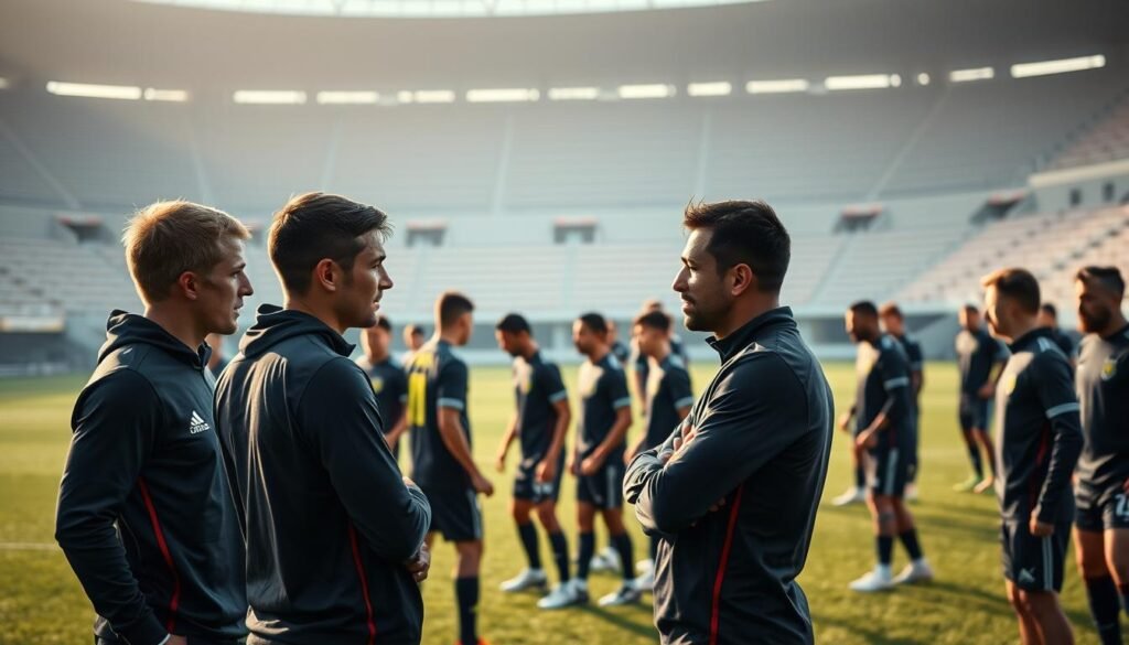 A bustling European football club, its players surrounded by a team of psychologists focused on nurturing their emotional well-being. In the foreground, two players engage in a heartfelt discussion, their body language conveying the impact of the psychologists' guidance. The middle ground showcases the team in training, their movements synchronized and their faces reflecting a renewed sense of purpose. In the background, the club's stadium stands tall, its architecture evoking a sense of unity and professionalism. Soft, natural lighting casts a warm glow over the scene, highlighting the players' determination and the psychologists' caring presence. The overall mood is one of professional and personal growth, where the players' mental health is as valued as their physical performance.