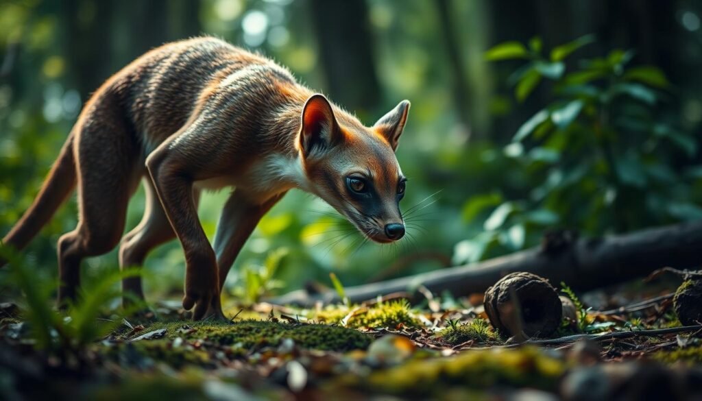 A detailed close-up of a pekan, also known as a fisher, stalking through a dense, verdant forest. The pekan's sleek, chestnut-colored fur gleams in the soft, diffused sunlight filtering through the lush canopy above. Its sharp, intelligent eyes are fixed intently on the ground, scanning for prey. The creature's lithe, muscular body is poised and alert, ready to pounce at the slightest movement. The background is a blur of rich, earthy tones, with hints of ferns, moss, and fallen logs creating a sense of depth and lush, untamed wilderness. The composition emphasizes the pekan's power, grace, and predatory focus, capturing the essence of this elusive and remarkable animal.