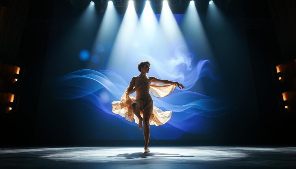 A dynamic performance on a grand stage, the spotlight illuminating a solo dancer in graceful motion. Fluid movements blend with an ethereal backdrop, hues of blue and purple cascading like waves. The dancer's expression is focused, conveying a sense of passionate dedication. Dramatic lighting casts dramatic shadows, adding depth and intensity to the scene. Camera positioned at a low angle to capture the performer's commanding presence, framed by the majestic proscenium arch. An awe-inspiring display of human artistry and mastery, a testament to the power of mind, body, and spirit in harmony.