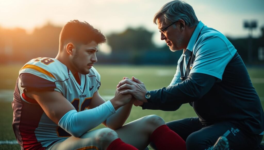 A football player sitting on the field, deep in contemplation, as a caring psychologist stands beside him, their hands gently clasped in a gesture of support. The player's expression is pensive, reflecting the weight of his emotions, while the psychologist's face exudes empathy and understanding. Soft natural lighting bathes the scene, creating a sense of serenity and intimacy. The background blurs, drawing the viewer's focus to the central figures and their connection. The composition is balanced, with the player and psychologist positioned in a way that conveys the importance of their interaction. This image powerfully illustrates the role of a sports psychologist in addressing the mental well-being of young athletes.