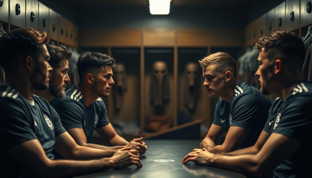 A group of professional soccer players engaged in an intimate discussion, their expressions and body language conveying a sense of emotional vulnerability and connection. The scene is captured in a dimly lit locker room, with warm lighting creating a contemplative atmosphere. The players are seated around a table, their faces illuminated by the soft glow, creating a sense of intimacy and trust. The background is blurred, focusing the viewer's attention on the players' interactions and the intensity of their dialogue.