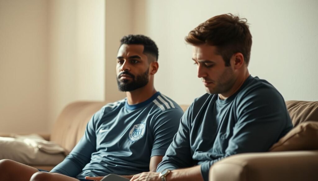 A professional soccer player sitting on a couch, deep in thought, with a compassionate psychologist sitting next to him. The psychologist's kind gaze and open body language convey a sense of trust and understanding. The player's dejected posture and furrowed brow suggest he is dealing with emotional turmoil. Warm, natural lighting illuminates the scene, creating a calm, intimate atmosphere. The background is softly blurred, focusing the viewer's attention on the interaction between the two figures. The overall mood is one of empathy, support, and the transformative power of psychological guidance for elite athletes.