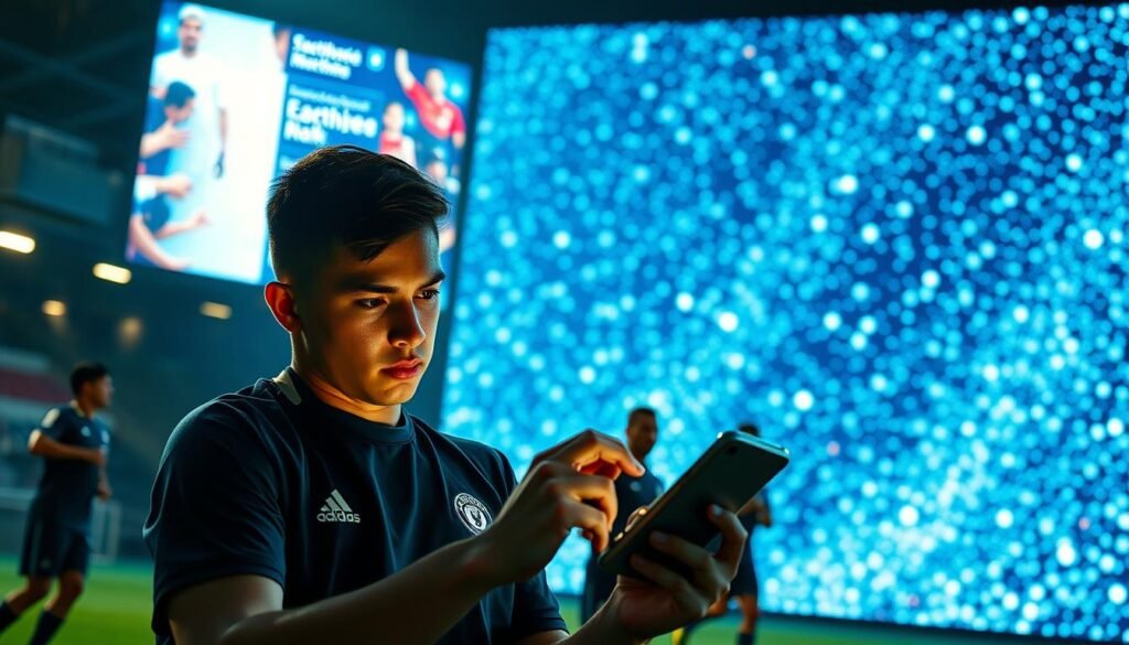 A vibrant, cinematic image depicting the profound influence of social media on modern professional footballers. In the foreground, a young player scrolls through their smartphone, their expression a mix of fascination and unease. The middle ground showcases their teammates, engaged in a high-intensity training session, while in the background, a large video screen displays a tidal wave of social media activity - likes, comments, and shares cascading across the screen. The lighting is dramatic, casting long shadows and highlighting the contrast between the player's immersion in the digital world and the physical demands of the sport. The scene conveys a sense of the overwhelming pressures faced by athletes in the age of constant connectivity and public scrutiny.