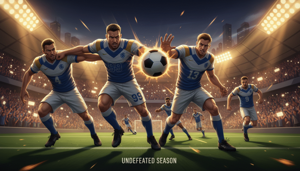 A dynamic illustration of a football team in action, showcasing players in professional sports attire, emphasizing teamwork and solid defense. In the foreground, a group of players confidently blocks a ball, illustrating their unbreakable defense and strength. The middle ground reveals an intense match atmosphere with a cheering crowd, vibrant stadium lights illuminating the scene, creating a warm glow. The background features a blurred field and stadium architecture, enhancing depth. Lens effect captures motion, with a slightly angled perspective to give a sense of speed and focus on the players. The overall mood is triumphant and energetic, reflecting the significance of an undefeated record in the sport.