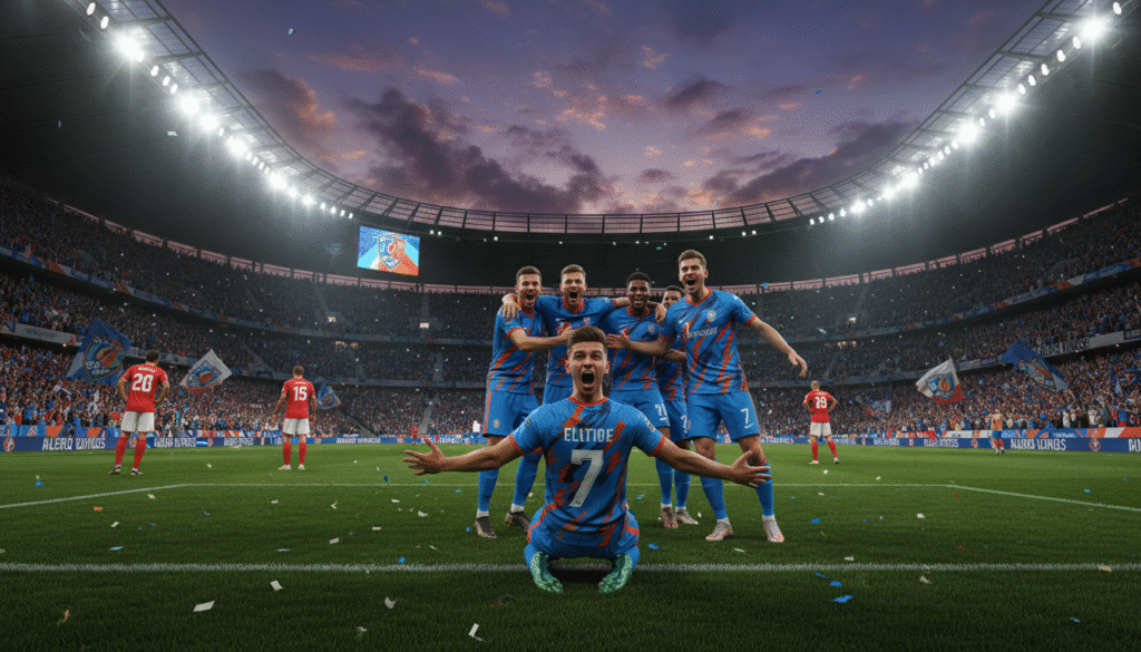 A vibrant football stadium packed with enthusiastic fans, showcasing a thrilling moment from a European league match. In the foreground, a team in sleek uniforms celebrates a goal, their expressions filled with joy and determination. The players are depicted in a dynamic pose, mid-celebration, with colorful jerseys that indicate their prowess in the game. The middle ground features the pitch vividly illuminated with bright floodlights, emphasizing the intensity of the match. In the background, banners wave in support, and vibrant team colors fill the stands, creating a lively atmosphere. The sky above is dusk with a hint of dramatic clouds, adding to the electrifying mood. Capture this moment from a low angle to highlight the players against the towering stadium backdrop, evoking excitement and the spirit of elite European football.