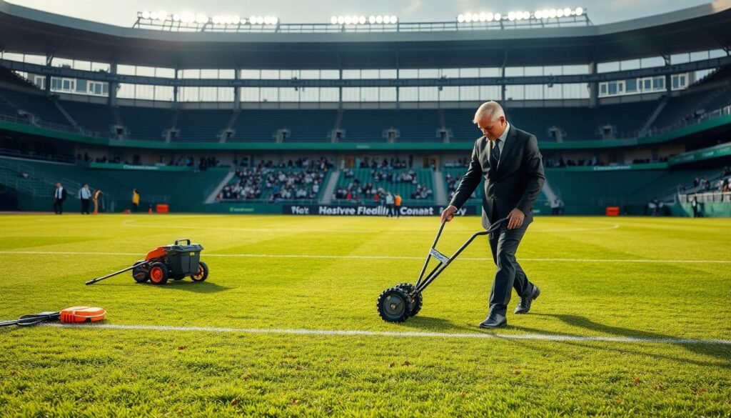 A well-maintained natural grass football field with vibrant green turf, showcasing a variety of field maintenance equipment scattered around. In the foreground, a professional groundskeeper in a smart uniform is carefully inspecting the grass and using a handheld aerator. The middle ground features a large stadium seating area with fans slowly filtering in, all in business casual attire. In the background, bright stadium lights illuminate the field during a late afternoon setting, casting soft shadows across the grass. The overall atmosphere is one of professionalism and dedication to sports field care, highlighting the importance of sustained investments in natural playing surfaces.