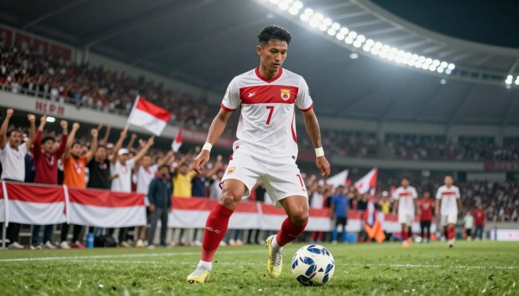 A talented Indonesian soccer star stands confidently on a vibrant Asian football field, wearing a professional soccer uniform, showcasing the colors of their national team. In the foreground, the athlete is captured in action, dribbling the ball skillfully, with a focused expression reflecting determination and ambition. The middle ground features excited fans waving flags and banners, creating a lively atmosphere full of energy. In the background, the stadium is illuminated with bright floodlights, creating a dynamic and energetic mood. The scene is framed with a slight low angle, emphasizing the athlete's stature, while soft focus blurs the distant crowd, ensuring all attention remains on the player. The lighting enhances the colors and contrasts, highlighting the athlete's athleticism and dedication.